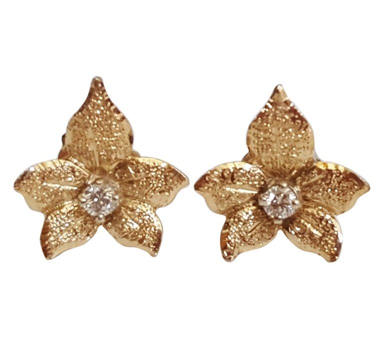 14 Karat Yellow Gold Diamond Earrings, Floral Leaf Design, Friction Post