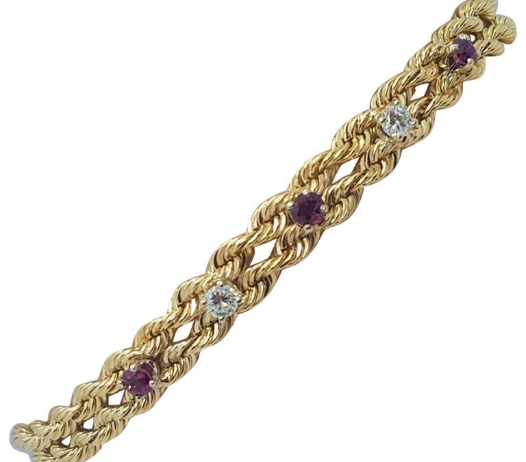 14kt Yellow Gold Double Rope Bracelet Diamonds and Rubies, 14.4 Gr