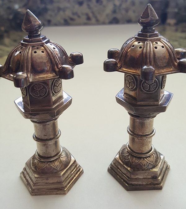 Vintage Sterling Silver Salt and Pepper Shakers, Japanese, Pagona Latern