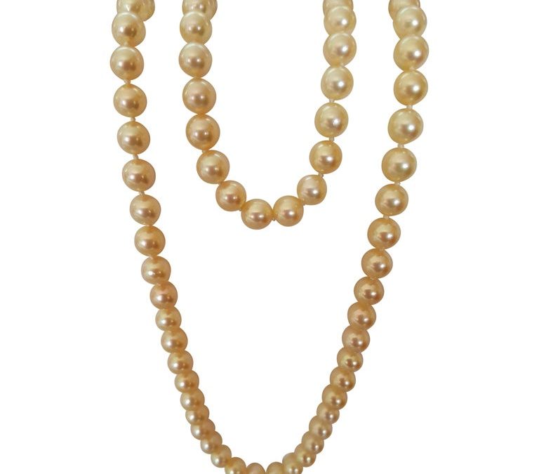 Cream Gold AAA Grade Cultured Pearl Set Necklace Bracelet 14kt, 7+mm, 27 Inches