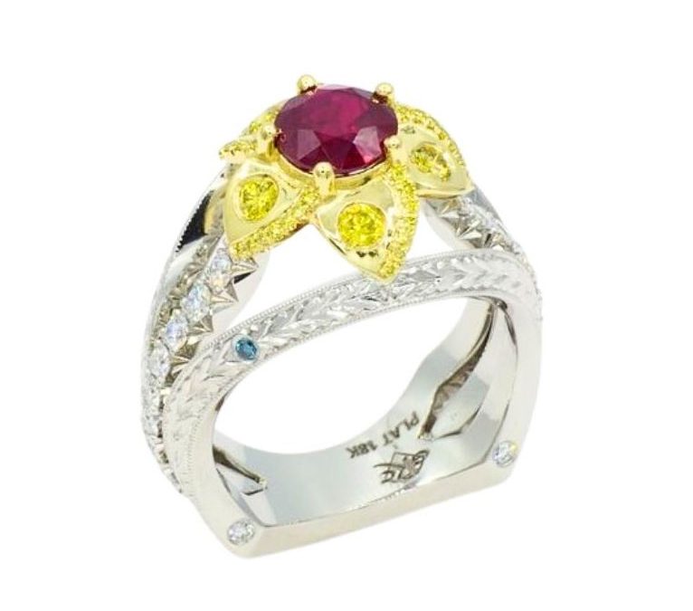 Platinum 18kt Yellow Burmese Ruby Plumeria Yellow Diamonds, RGC’s Blue Diamond
