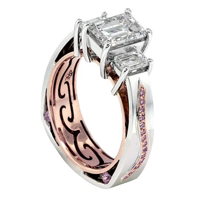 Platinum & 18kt Rose Gold Three Stone Emerald Cut Diamond Ring